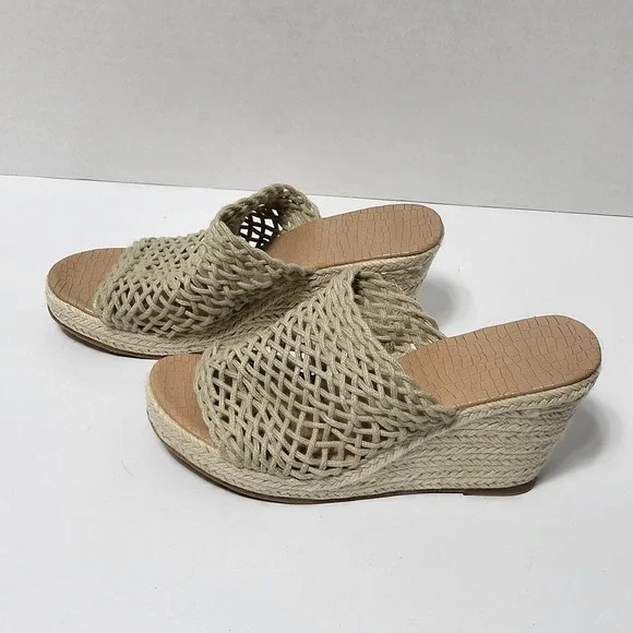 Woven Crochet Espadrille Wedge Sandals Beige Platform Mule Heels Womens 8 - Picture 2 of 7
